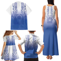 Philippines Barong Style Family Matching Tank Maxi Dress and Hawaiian Shirt with Polynesian Art and Leaf Motif Blue Color