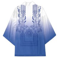 Philippines Barong Style Kimono with Polynesian Art and Leaf Motif Blue Color