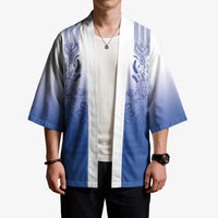 Philippines Barong Style Kimono with Polynesian Art and Leaf Motif Blue Color