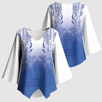 Philippines Barong Style Kimono Sleeve Blouse with Polynesian Art and Leaf Motif Blue Color LT03 - Polynesian Pride