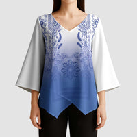 Philippines Barong Style Kimono Sleeve Blouse with Polynesian Art and Leaf Motif Blue Color LT03 - Polynesian Pride