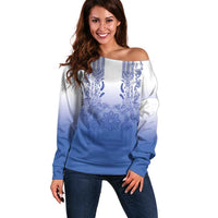 Philippines Barong Style Off Shoulder Sweater with Polynesian Art and Leaf Motif Blue Color LT03 Women Blue - Polynesian Pride