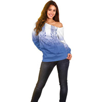 Philippines Barong Style Off Shoulder Sweater with Polynesian Art and Leaf Motif Blue Color LT03 - Polynesian Pride