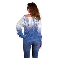 Philippines Barong Style Off Shoulder Sweater with Polynesian Art and Leaf Motif Blue Color LT03 - Polynesian Pride