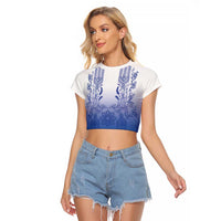 Philippines Barong Style Raglan Cropped T Shirt with Polynesian Art and Leaf Motif Blue Color LT03 Female Blue - Polynesian Pride