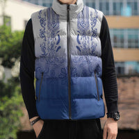 Philippines Barong Style Sleeveless Puffer Jacket with Polynesian Art and Leaf Motif Blue Color LT03 - Polynesian Pride
