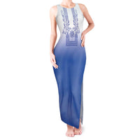 Philippines Barong Style Tank Maxi Dress with Polynesian Art and Leaf Motif Blue Color LT03 Women Blue - Polynesian Pride