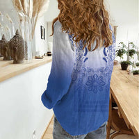 Philippines Barong Style Women Casual Shirt with Polynesian Art and Leaf Motif Blue Color LT03 - Polynesian Pride
