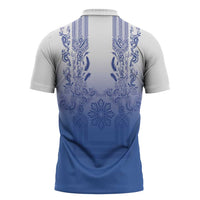 Philippines Barong Style Zipper Polo Shirt with Polynesian Art and Leaf Motif Blue Color LT03 - Polynesian Pride
