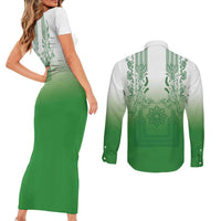 Philippines Barong Style Couples Matching Short Sleeve Bodycon Dress and Long Sleeve Button Shirt with Polynesian Art and Leaf Motif Green Color