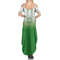 Philippines Barong Style Family Matching Summer Maxi Dress and Hawaiian Shirt with Polynesian Art and Leaf Motif Green Color