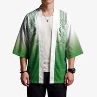 Philippines Barong Style Kimono with Polynesian Art and Leaf Motif Green Color