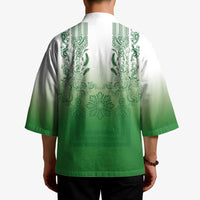 Philippines Barong Style Kimono with Polynesian Art and Leaf Motif Green Color