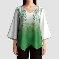 Philippines Barong Style Kimono Sleeve Blouse with Polynesian Art and Leaf Motif Green Color LT03 - Polynesian Pride