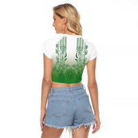 Philippines Barong Style Raglan Cropped T Shirt with Polynesian Art and Leaf Motif Green Color LT03 - Polynesian Pride