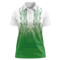 Philippines Barong Style Women Polo Shirt with Polynesian Art and Leaf Motif Green Color