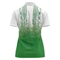 Philippines Barong Style Women Polo Shirt with Polynesian Art and Leaf Motif Green Color