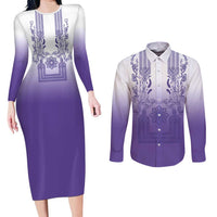 Philippines Barong Style Couples Matching Long Sleeve Bodycon Dress and Long Sleeve Button Shirt with Polynesian Art and Leaf Motif Purple Color