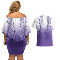 Philippines Barong Style Couples Matching Off Shoulder Short Dress and Hawaiian Shirt with Polynesian Art and Leaf Motif Purple Color