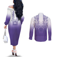 Philippines Barong Style Couples Matching Off The Shoulder Long Sleeve Dress and Long Sleeve Button Shirt with Polynesian Art and Leaf Motif Purple Color