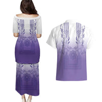 Philippines Barong Style Couples Matching Puletasi and Hawaiian Shirt with Polynesian Art and Leaf Motif Purple Color