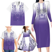 Philippines Barong Style Family Matching Long Sleeve Bodycon Dress and Hawaiian Shirt with Polynesian Art and Leaf Motif Purple Color