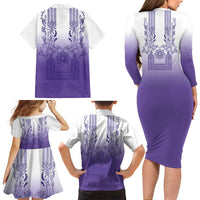 Philippines Barong Style Family Matching Long Sleeve Bodycon Dress and Hawaiian Shirt with Polynesian Art and Leaf Motif Purple Color