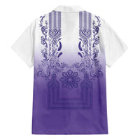 Philippines Barong Style Family Matching Mermaid Dress and Hawaiian Shirt with Polynesian Art and Leaf Motif Purple Color