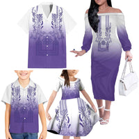Philippines Barong Style Family Matching Off The Shoulder Long Sleeve Dress and Hawaiian Shirt with Polynesian Art and Leaf Motif Purple Color