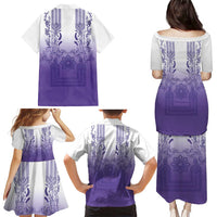 Philippines Barong Style Family Matching Puletasi and Hawaiian Shirt with Polynesian Art and Leaf Motif Purple Color