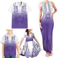 Philippines Barong Style Family Matching Tank Maxi Dress and Hawaiian Shirt with Polynesian Art and Leaf Motif Purple Color