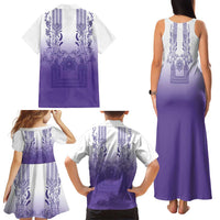 Philippines Barong Style Family Matching Tank Maxi Dress and Hawaiian Shirt with Polynesian Art and Leaf Motif Purple Color