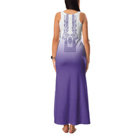 Philippines Barong Style Family Matching Tank Maxi Dress and Hawaiian Shirt with Polynesian Art and Leaf Motif Purple Color