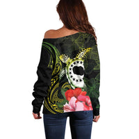 Kia Orana Cook Islands Off Shoulder Sweater Turtle and Hibiscus Polynesian Pattern