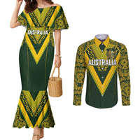 Australia Rugby Custom Couples Matching Mermaid Dress and Long Sleeve Button Shirt Aboriginal Art Sporty Style LT03 Green - Polynesian Pride