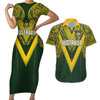 Australia Rugby Custom Couples Matching Short Sleeve Bodycon Dress and Hawaiian Shirt Aboriginal Art Sporty Style - Polynesian Pride