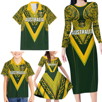 Australia Rugby Custom Family Matching Long Sleeve Bodycon Dress and Hawaiian Shirt Aboriginal Art Sporty Style LT03 - Polynesian Pride
