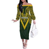 Australia Rugby Custom Off The Shoulder Long Sleeve Dress Aboriginal Art Sporty Style - Polynesian Pride
