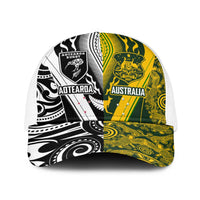 Aotearoa Australia Rugby Baseball Net Cap Maori and Aboriginal Art Sporty Style LT03 One Size White Green - Polynesian Pride