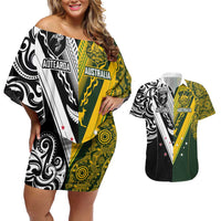 Aotearoa Australia Rugby Custom Couples Matching Off Shoulder Short Dress and Hawaiian Shirt Maori and Aboriginal Art Sporty Style - Polynesian Pride