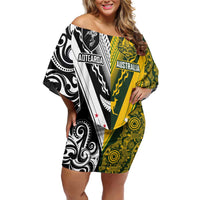 Aotearoa Australia Rugby Custom Family Matching Off Shoulder Short Dress and Hawaiian Shirt Maori and Aboriginal Art Sporty Style - Polynesian Pride