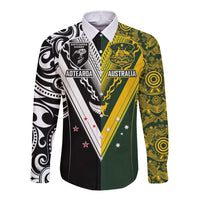 Aotearoa Australia Rugby Custom Long Sleeve Button Shirt Maori and Aboriginal Art Sporty Style - Polynesian Pride