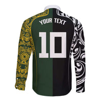 Aotearoa Australia Rugby Custom Long Sleeve Button Shirt Maori and Aboriginal Art Sporty Style - Polynesian Pride