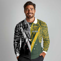 Aotearoa Australia Rugby Custom Long Sleeve Polo Shirt Maori and Aboriginal Art Sporty Style - Polynesian Pride
