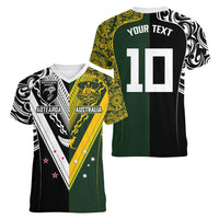 Aotearoa Australia Rugby Custom Women V-Neck T-Shirt Maori and Aboriginal Art Sporty Style - Polynesian Pride