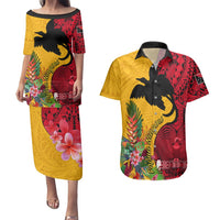Papua New Guinea Couples Matching Puletasi Dress and Hawaiian Shirt Birds Of Paradise Mix Tropical Flower Polynesian Pattern LT03 Yellow - Polynesian Pride