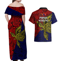 Papua New Guinea Central Province Couples Matching Off Shoulder Maxi Dress and Hawaiian Shirt PNG Birds Of Paradise Polynesian Arty Style LT03 - Polynesian Pride