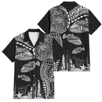 Hawaiian Reef Triggerfish Family Matching Puletasi and Hawaiian Shirt Polynesian Art with Tribal Humuhumunukunukuapua'a LT03 Dad's Shirt - Short Sleeve Black - Polynesian Pride