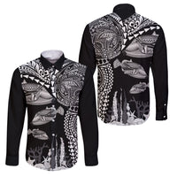 Hawaiian Reef Triggerfish Family Matching Puletasi and Hawaiian Shirt Polynesian Art with Tribal Humuhumunukunukuapua'a LT03 Dad's Shirt - Long Sleeve Black - Polynesian Pride