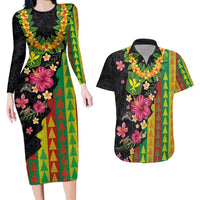 Hawaiian Independence Day Couples Matching Long Sleeve Bodycon Dress and Hawaiian Shirt Kanaka Maoli Symbols With Tapa Motifs and Tropical Plants - Polynesian Pride